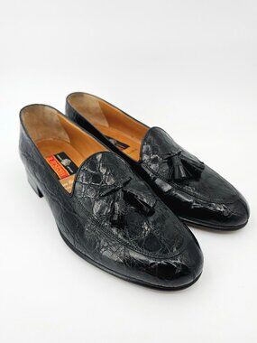A. Testoni Tassel Loafers Black Leather Alligator Brogue Shoes Men's Size 8.5N
